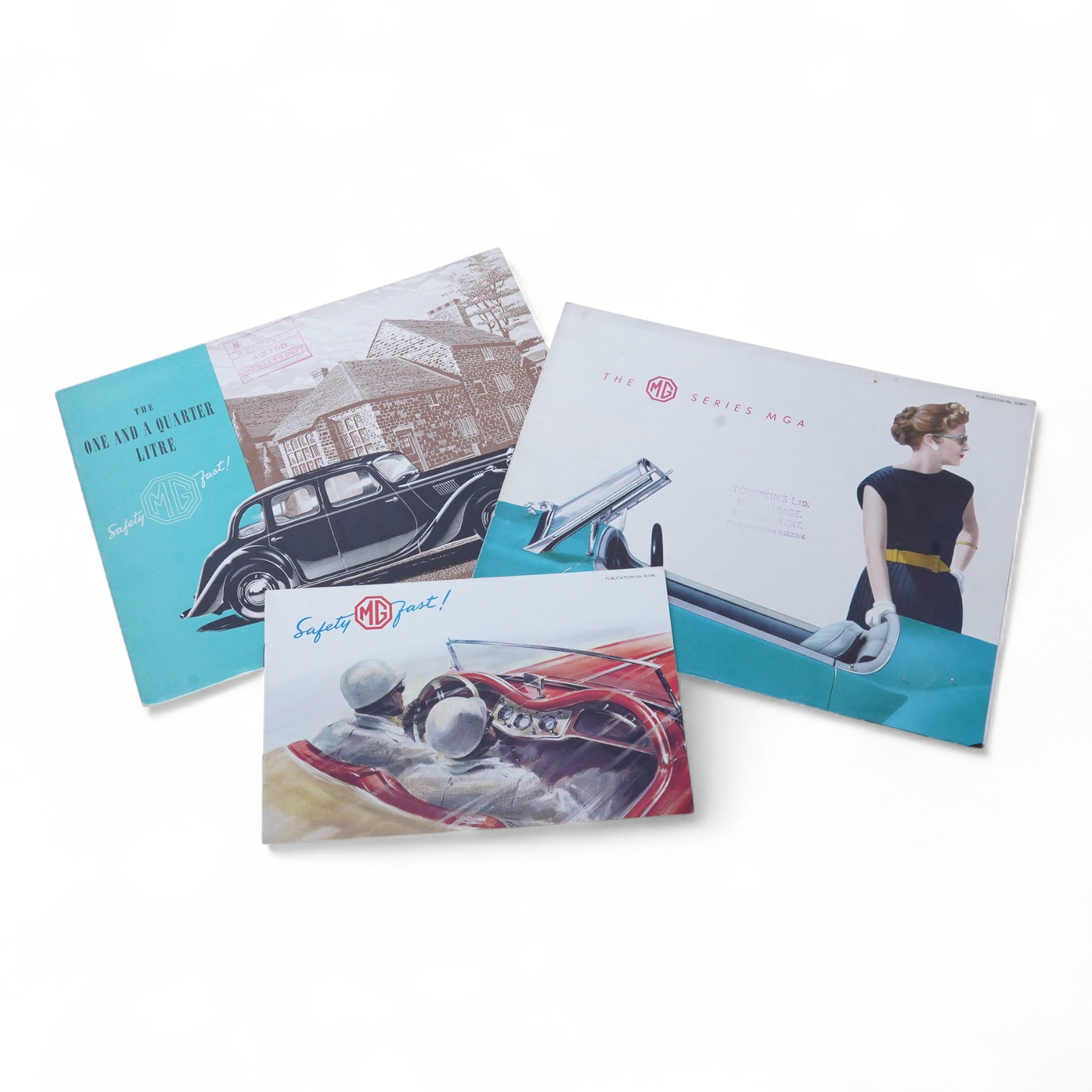 Three 1940s and 1950s MG motor car manufacturer’s brochures; the MG Series T.F. Midget (produced 1953-55), the MGA (produced 1955-62), and the MG Y 1.25lt saloon (produced 1947-53), including the additional leaflet conta